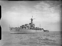British frigate HMS Bigbury Bay (K606) at sea in 1945.