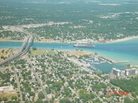 Aerial view of the Blue Water Bridges, taken from above Sarnia, Ontario, looking at Port Huron, Great Lakes on July 2nd, 2007.