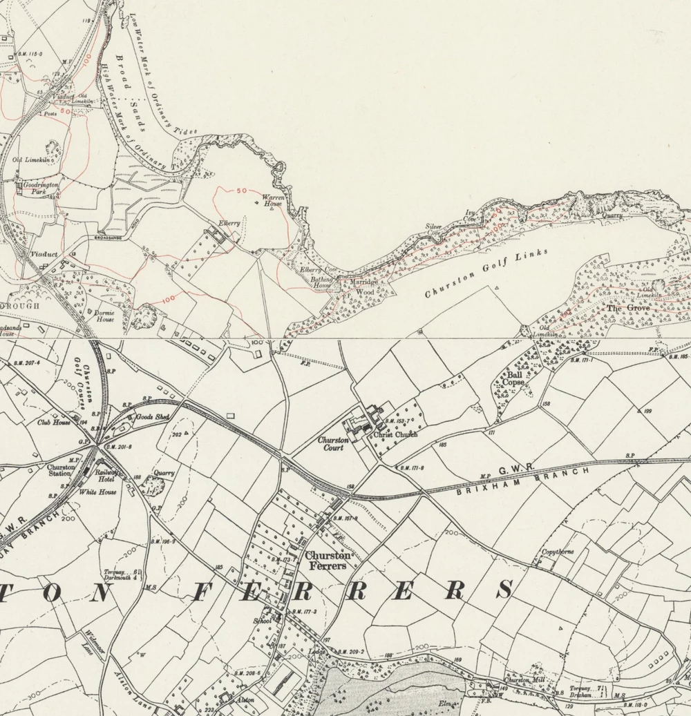 Part of an Ordnance survey map of the Churston Ferrers area revised in 1938 around the time of the novel. To the left is Churston Station where Poirot and Hastings arrived. Note Elberry Cove at the centre top of the map. Directly to the south, note the "Christ Church" ( and Churston Court (which are not mentioned in the novel). There is a lane leading north of the church that cuts the corner of Churston Golf Links. Beyond, in dotted lines, is a winding path through Marridge Wood leading to Elberry Cove. This is probably the route that Poirot and Hastings took. The "new road" to Broadsands is probably Broadsands road to the upper left of the map.