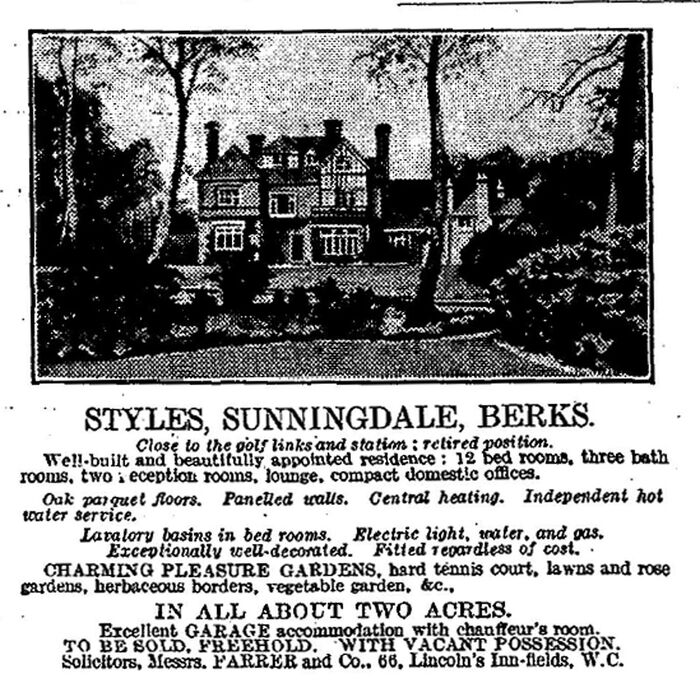 Real estate advertisement for Styles House which appeared in the Times, Tuesday, May 17, 1927; pg. 28 with a good description of Styles House. Given the date, it appears that Christie was trying to sell the house shortly after the events in 1926.