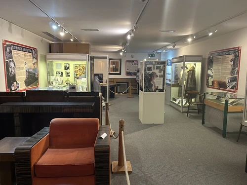 A view of the Agatha Christie gallery. In the foreground is the sitting room set of Whitehaven Mansions used in Agatha Christie's Poirot.