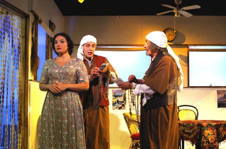 As all the action in the play takes place inside the observation saloon, this is the only part of the Lotus which the audience will ever see. This scene from a 2015 production of Murder on the Nile at the East Lane Theatre in London shows a typical set of the observation saloon.