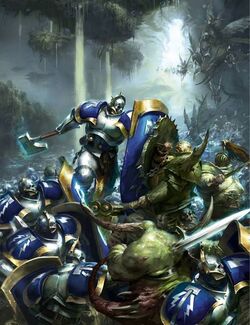 Hallowed Knights fighting Nurgle in Ghyran Colour Illustration