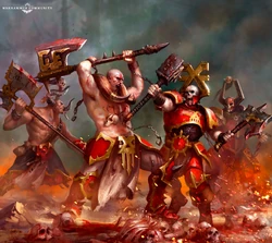 's mortal followers, like these Khorne Bloodbound warriors, care only to claim more lives for the , and Khorne does not care from where that blood flows...even it is from his own followers...