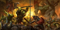 A mob of savage orruks lay low a band of . When the  and  meet, the carnage that follows is total. Roaring their barbarous praises to the Great Green God , the warclans overpower their foes through a mixture of brutal might and sheer savagery. Even the celestial power of the cosmos wielded by the Seraphon can do little to stymie this onslaught of violence.