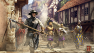 An official artwork featuring (from left to right) the Priest, the female Flemish Militia, two Heavy Swordsmen and the Gbeto