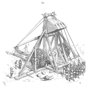 A schematic of a hybrid Counterweight-Traction Trebuchet, with treadmills to prime the counterweight, and ropes for traction to provide extra momentum