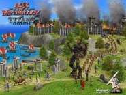 Atlanteans facing Greeks outside a ruined Greek city, with Atlantean ships on the water