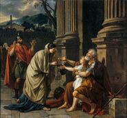 Belisarius Begging for Alms, by Jacques-Louis David (1781), based on a Medieval legend that claimed Belisarius lived his last days as a blind beggar in Rome.