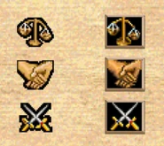 Diplomacy's icons in the PS2 version of Age of Empires II: Neutral - Ally - Enemy