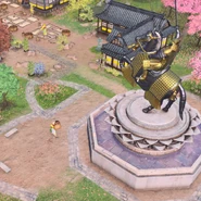 A Brewery Transporter delivering Sake past the Sword Hunt Statue