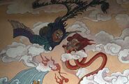 A traditional Chinese painting of Gonggong and Zhurong in battle