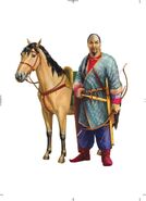 Reconstitution d'un guerrier hunnique du début du Ve siècle, basée sur des découvertes à Volnikovka, Ukraine