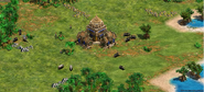 Player 1 starting position with nearby Water Buffaloes and Rhinoceroses