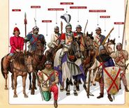 Coustillier (mounted, second from left) in a Burgundian Man-At-Arm's lance fournie.