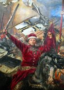 Vytautas depicted in the painting Battle of Grunwald by Jan Matejko.