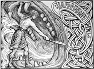 Vidar slays Fenrir, illustration by British artist W. G. Collingwood, 1908