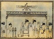 This artistic manuscript depicts an image of a Persian palace under Faravahar. This spirit above the palace is the symbol of their official religion, Zoroastrianism.