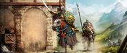 The official main menu wallpaper mod released with The Mountain Royals, featuring a Savar, a Monaspa, and some Composite Bowmen, with a Fortified Church in the background