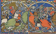 Battle scene from Morgan Bible, wherein 13th-century knights were depicted wielding swords, axes, and lances