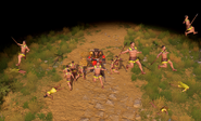 A Bull Minotaur bashing away multiple Hoplites with its Gore ability, in Retold