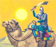 A Mameluke riding a Bactrian camel in a fantastical modern drawing