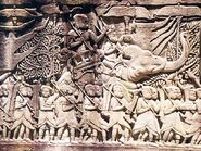 Khmer army going to war against the Cham; relief at the Bayon-temple in Angkor, Cambodia (late 12th to beginning 13th century)