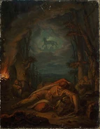 Sueño del gran duque Gediminas durante una cacería. Se aprecia al fondo al Lobo de Hierro, animal mítico del folclore lituano, donde se construiría la ciudad de Vilna.