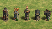 Bombard Towers in the Definitive Edition, left to right: Native American, Central European, Middle Eastern, West European, East Asian