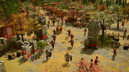A city view, with Chinese infantry, Peasants, and a Chiyou unit from the campaign