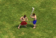 AoEDE villager fight.png (496 KB) A Bronze Age Villager (wielding a fishing spear/trident) fighting a Tool Age Villager with a bone-club.