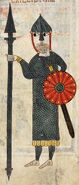 A soldier armed with spear, sword, & shield, from a 1109 copy of Commentary on the Apocalypse by Beatus of Liébana