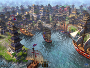 Pre-release screenshot of The Asian Dynasties showing the Japanese buildings. It is possible to notice the early Japanese flag that would be used in the game.