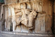 Equestrian statue of Khosrow II, grandson of Khosrow I, in the form of a Sassanid Cataphract, in Taq-e Bostan, Iran