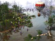 Hot air balloon over swamp