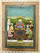 Peinture moghole représentant les différents dirigeants timourides (assis) dans un seul tableau (ils étaient une lignée, pas des contemporains), de gauche à droite : Akbar, Babur, Tamerlan, Humayun et Jahangir