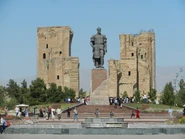 Timur statue.jpg (2.66 MB) Statue of Tamerlane in Uzbekistan, with the ruins of his summer palace in Shahrisabz in the background