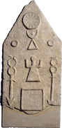 A funeral stela with the symbol of the goddess Tanit, flanked by caducei, topped by astral symbols, Carthage, 2nd - 1st century BC