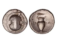 Boeotian League stater.jpg (446 KB) A silver stater of the Boeotian League, depicting a Boeotian shield and the club of Heracles