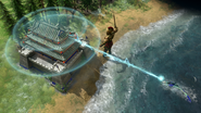 A riverside Baolei's armor being increased greatly by a Chiwen using Bolster, in the face of a Colossus's attack