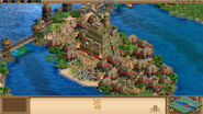 An Incan island base in AoE II, featuring Native American buildings