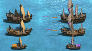 Armenian Galley line (left) firing projectiles with an extra arrow projectile