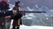 Warwick and a Boneguard Musketeer aiming his musket at John Black in the final cutscene of Act II: Ice