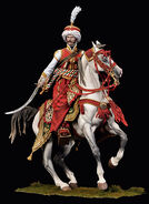 In this historically informed reconstruction, the Mameluke rides a horse instead of a camel as in-game.