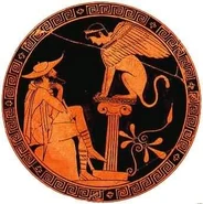 A clay disc with a painting of a sphinx on top of a column. This is one of the ancient artifacts that symbolizes the ancient Greek culture.