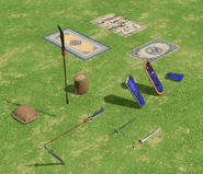 Chinese weapons, rugs, shields, and sacks in Retold