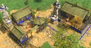 In-game statue of Shennong in Retold. He holds the shining yellow flower herb as depicted in his artwork, signifying his role as the god of agriculture and traditional medicine