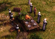Plymouth feast.jpg (322 KB) A player's starting Plgrims, a Native Scout, and the Intrepid Turkey Scout around a table with a decorative Turkey feast in a Plymouth map in the Definitive Edition
