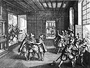 A contemporary woodcut depicts the Third Defenestration of Prague (1618), which marked the beginning of the Bohemian Revolt and the Thirty Years' War.