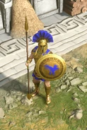 Close-up of the Champion Hoplite in Retold, with Mythic Age upgrades